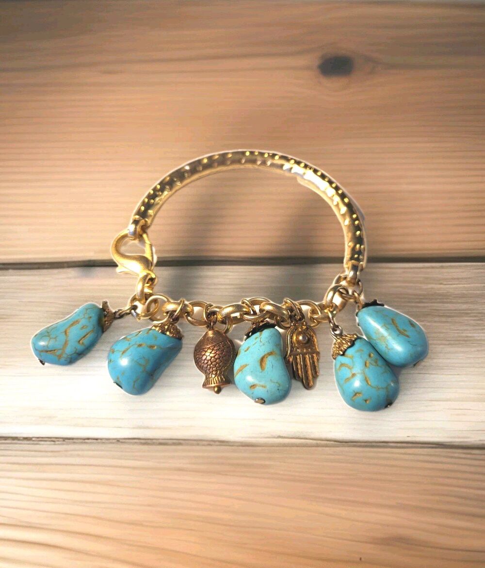 Vintage Wanderlust Faux Turquoise Hamsa Hand Fish Amulet Charm D Bracelet